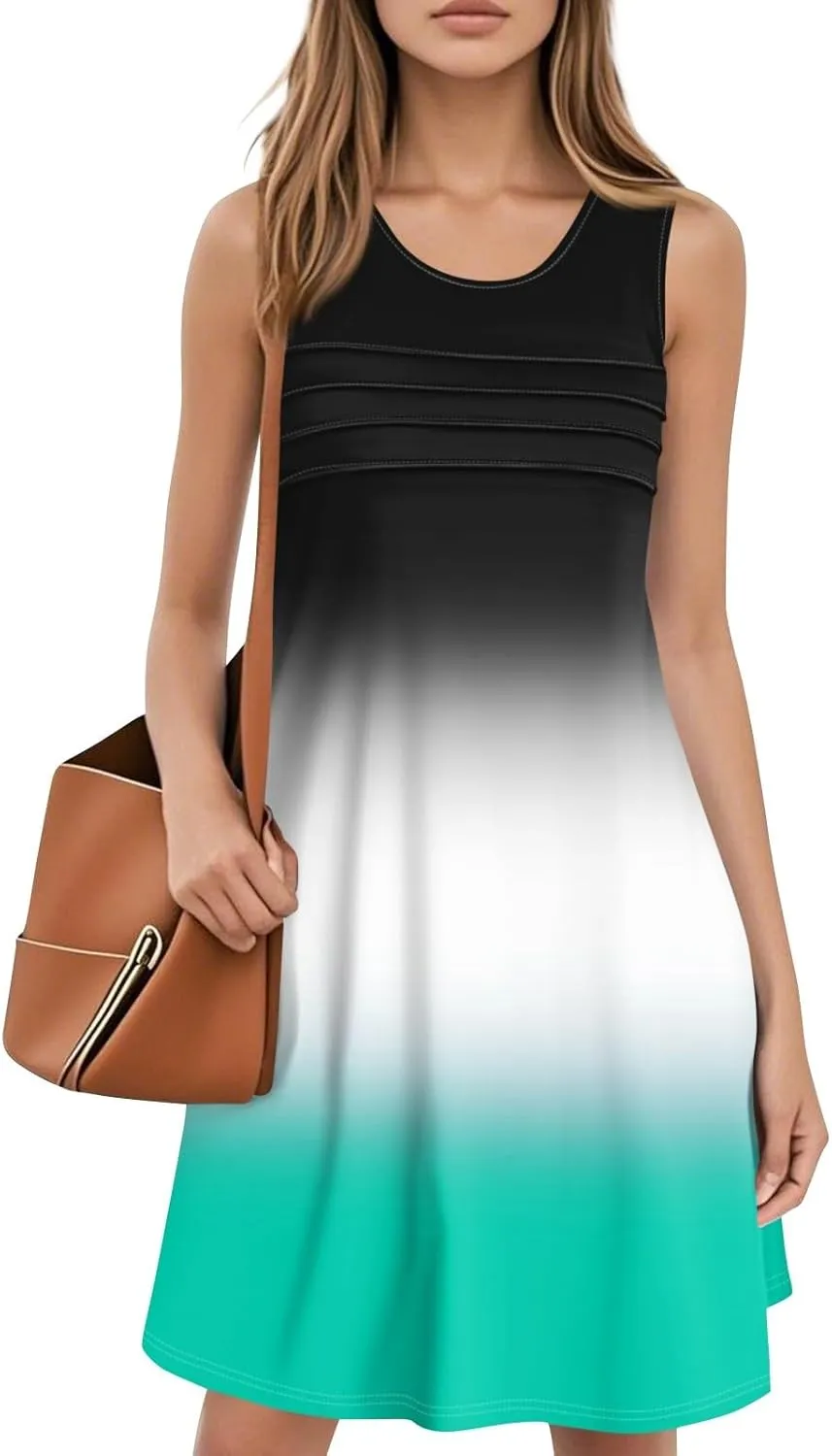 Summer Dresses for Women 2025 Casual Crewneck Sleeveless Tunic Dress Gradient Color Flowy Sundress with Pockets