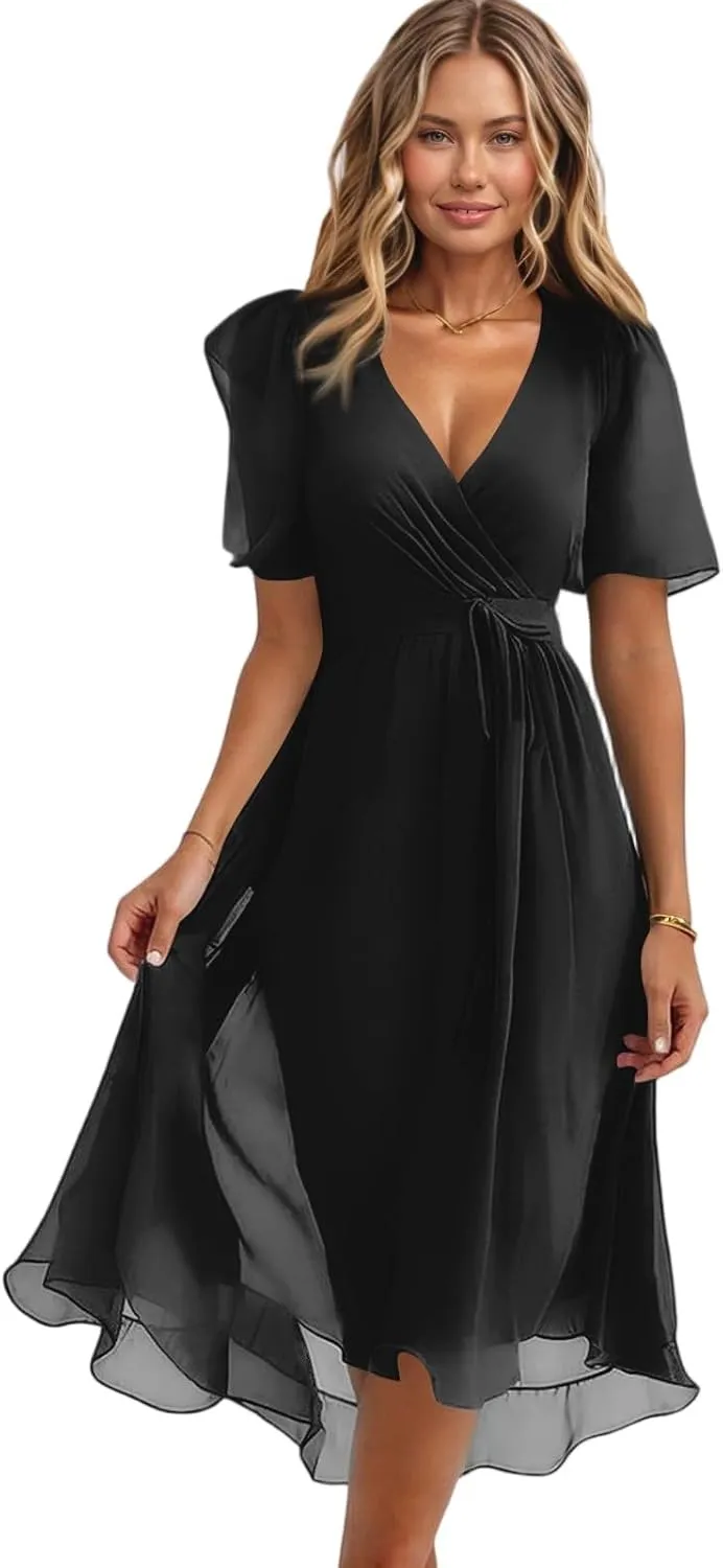 Summer Dresses for Women Boho Floral Printed Chiffon Dresses Elegant V Neck Wedding Prom Cocktail Midi Dress