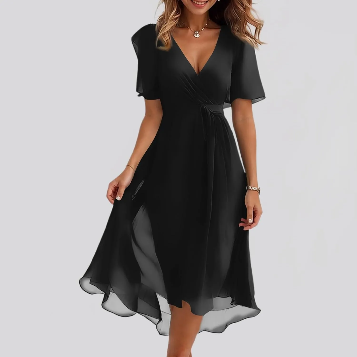 Summer Dresses for Women Boho Floral Printed Chiffon Dresses Elegant V Neck Wedding Prom Cocktail Midi Dress