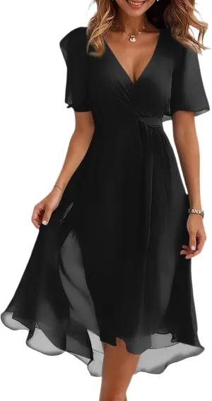Summer Dresses for Women Boho Floral Printed Chiffon Dresses Elegant V Neck Wedding Prom Cocktail Midi Dress