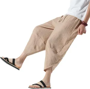 Summer Harem Casual Pants Men Wide Leg Cotton Linen Calf Length Baggy Men' Clothing