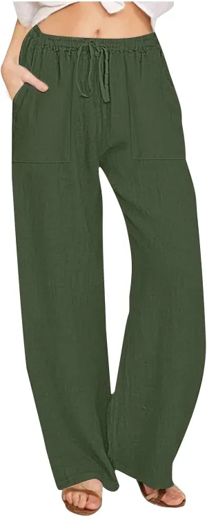 Summer Linen Pants for Women Trendy 2025 High Waisted Drawstring Lounge Trousers Flowy Boho Beach Pant Vacation Outfits