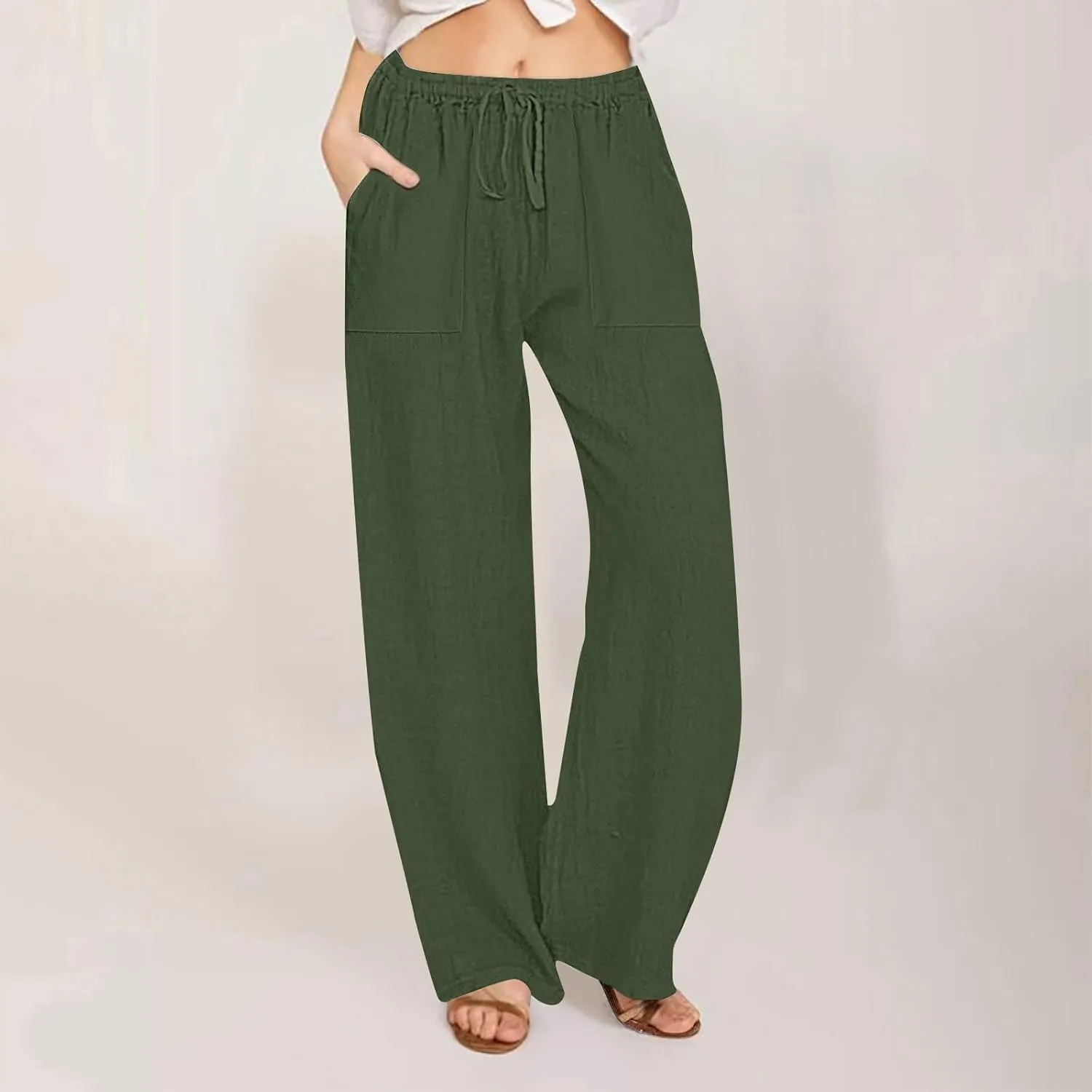 Summer Linen Pants for Women Trendy 2025 High Waisted Drawstring Lounge Trousers Flowy Boho Beach Pant Vacation Outfits