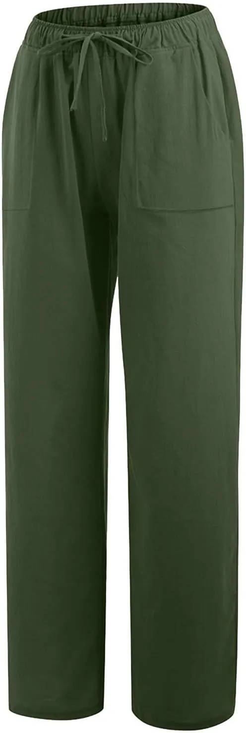 Summer Linen Pants for Women Trendy 2025 High Waisted Drawstring Lounge Trousers Flowy Boho Beach Pant Vacation Outfits