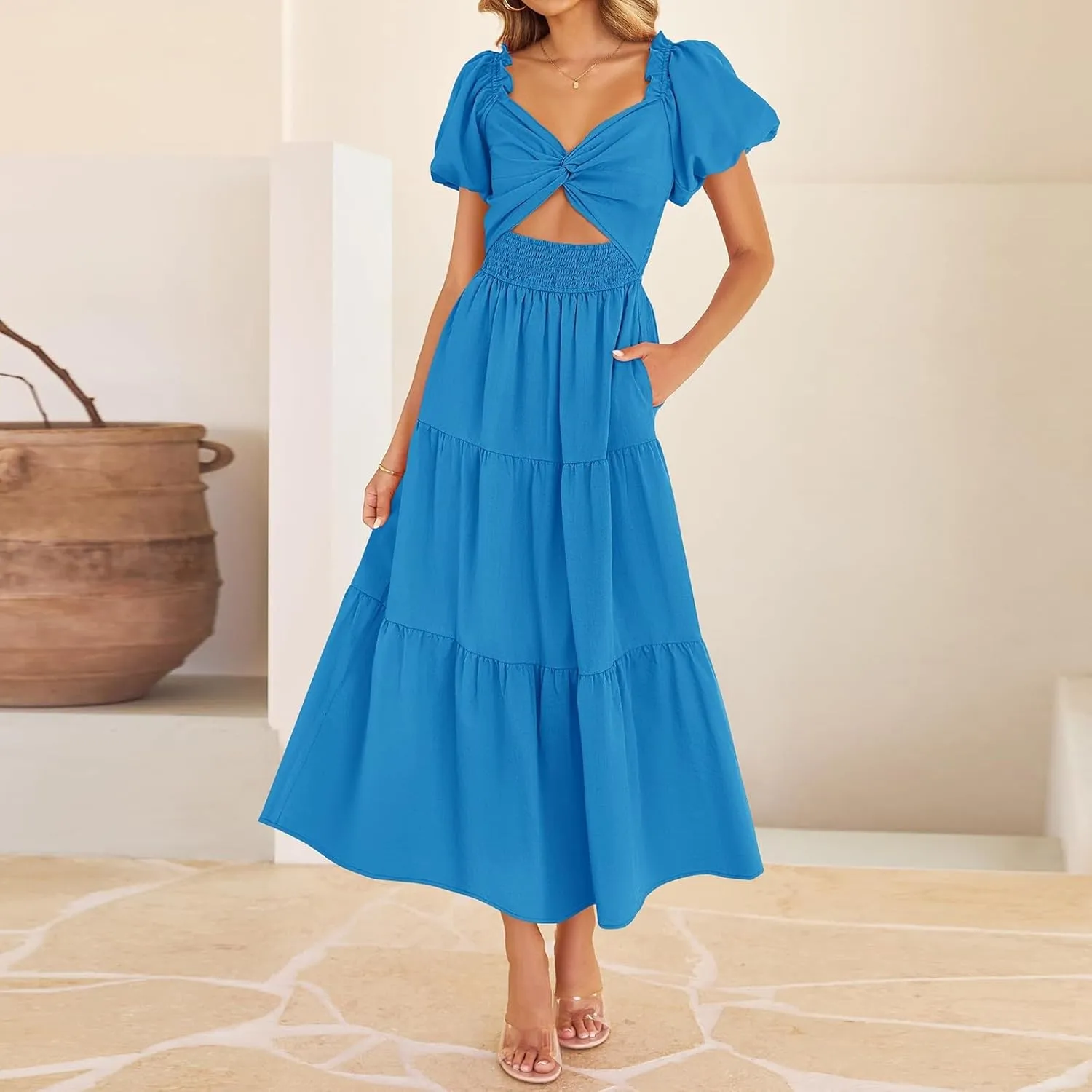 Summer Maxi Smocked Dresses for Women 2025 Vacation Cut Out Knot Long Flowy Tiered Short Puff Sleeve V Neck A Line Dress