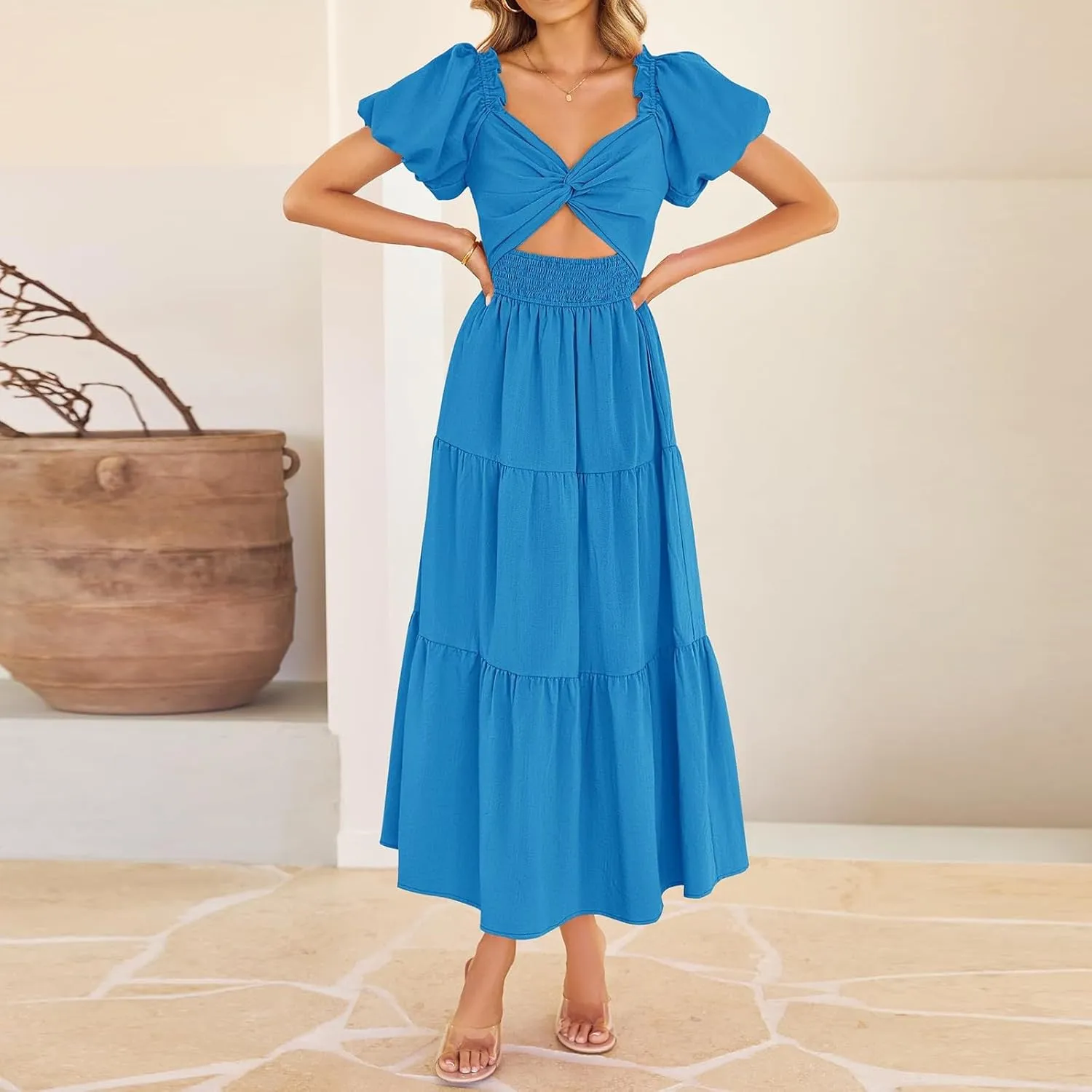 Summer Maxi Smocked Dresses for Women 2025 Vacation Cut Out Knot Long Flowy Tiered Short Puff Sleeve V Neck A Line Dress