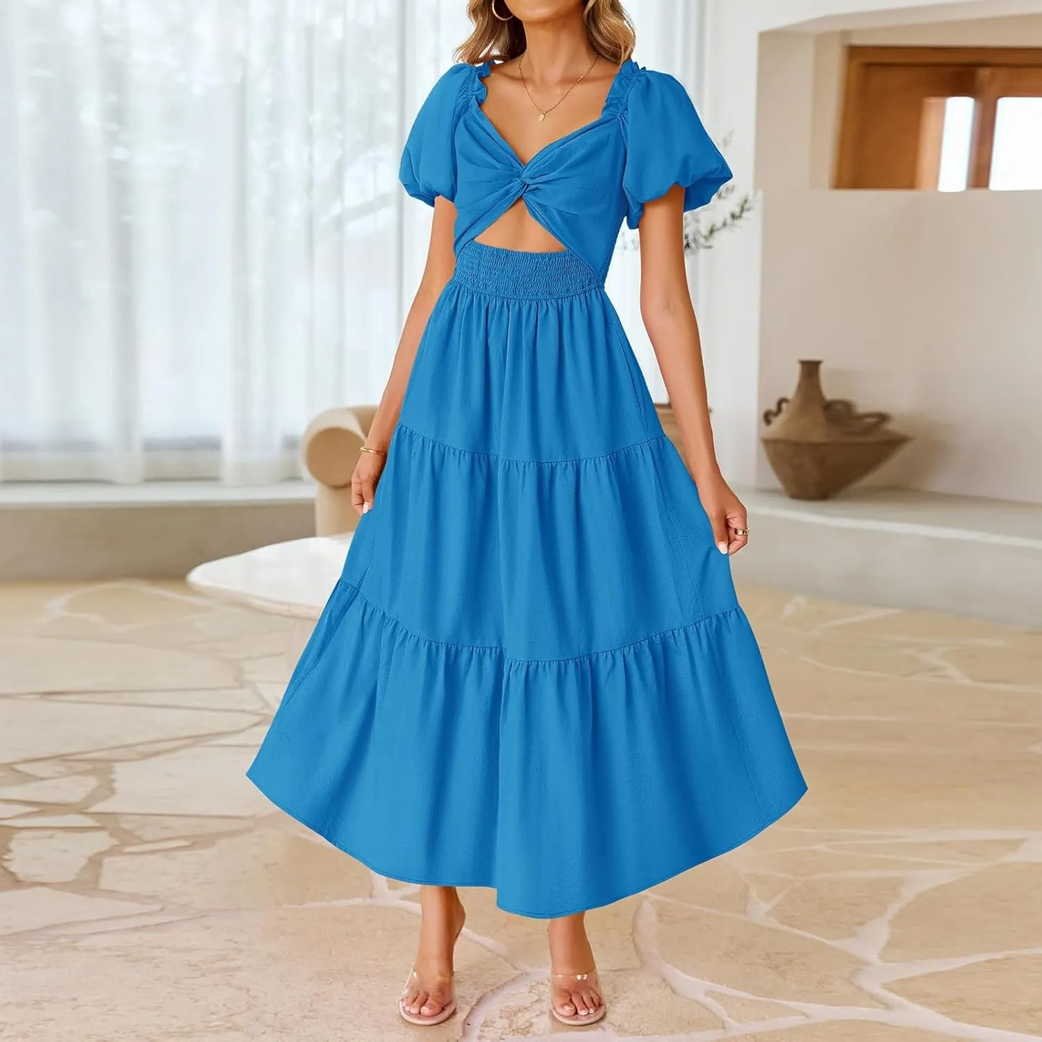 Summer Maxi Smocked Dresses for Women 2025 Vacation Cut Out Knot Long Flowy Tiered Short Puff Sleeve V Neck A Line Dress