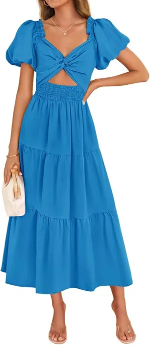 Summer Maxi Smocked Dresses for Women 2025 Vacation Cut Out Knot Long Flowy Tiered Short Puff Sleeve V Neck A Line Dress
