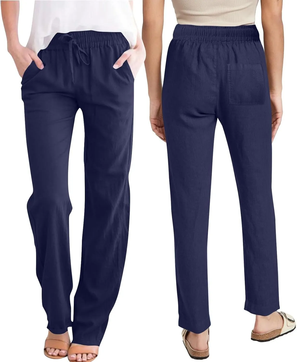 Summer Pants for Women 2025 Casual Drawstring High Waisted Linen Pants Beach Wide Leg Trousers with Pockets
