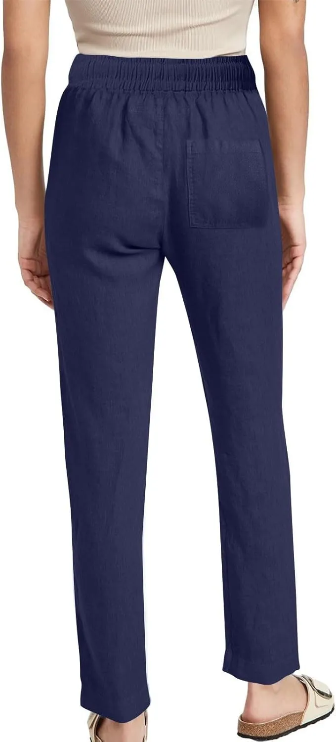 Summer Pants for Women 2025 Casual Drawstring High Waisted Linen Pants Beach Wide Leg Trousers with Pockets