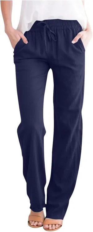 Summer Pants for Women 2025 Casual Drawstring High Waisted Linen Pants Beach Wide Leg Trousers with Pockets
