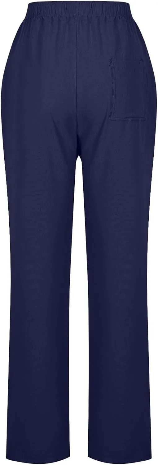 Summer Pants for Women 2025 Casual Drawstring High Waisted Linen Pants Beach Wide Leg Trousers with Pockets