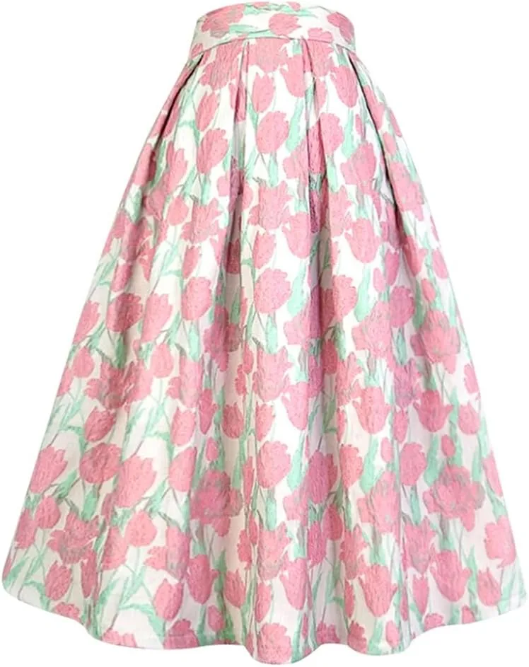 Summer Vintage Sweet Pink Floral Embroidery High Waist Long Pleated Midi Skirt Party Holiday 01 XXL#100cm Length
