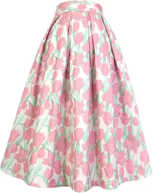Summer Vintage Sweet Pink Floral Embroidery High Waist Long Pleated Midi Skirt Party Holiday 01 XXL#70cm Length
