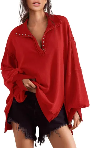 Sweatshirt for Women Fall Clothing for Women 2024 Trendy Henley Pullover Button Sweatshirts Tunic Tops S-2xl
