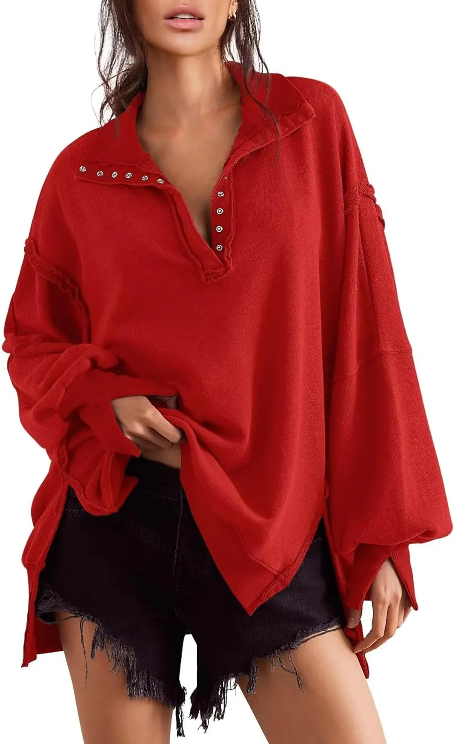 Sweatshirt for Women Fall Clothing for Women 2024 Trendy Henley Pullover Button Sweatshirts Tunic Tops S-2xl