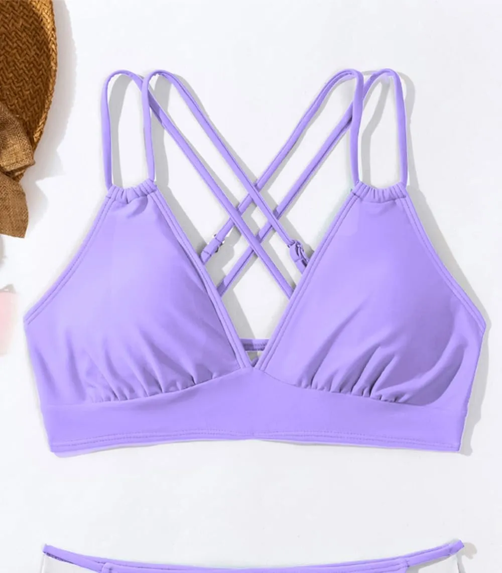 Tainehs Women's Push Up V Neck Bikini Tops Criss Cross Back Padded Bathing Suit Top Only