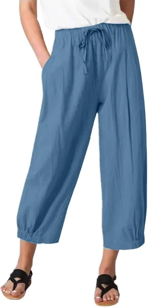 TBA Women's Casual Pants Summer Wide Leg Capris Drawstring Elastic High Waist Cotton Cropped Trousers with Pockets