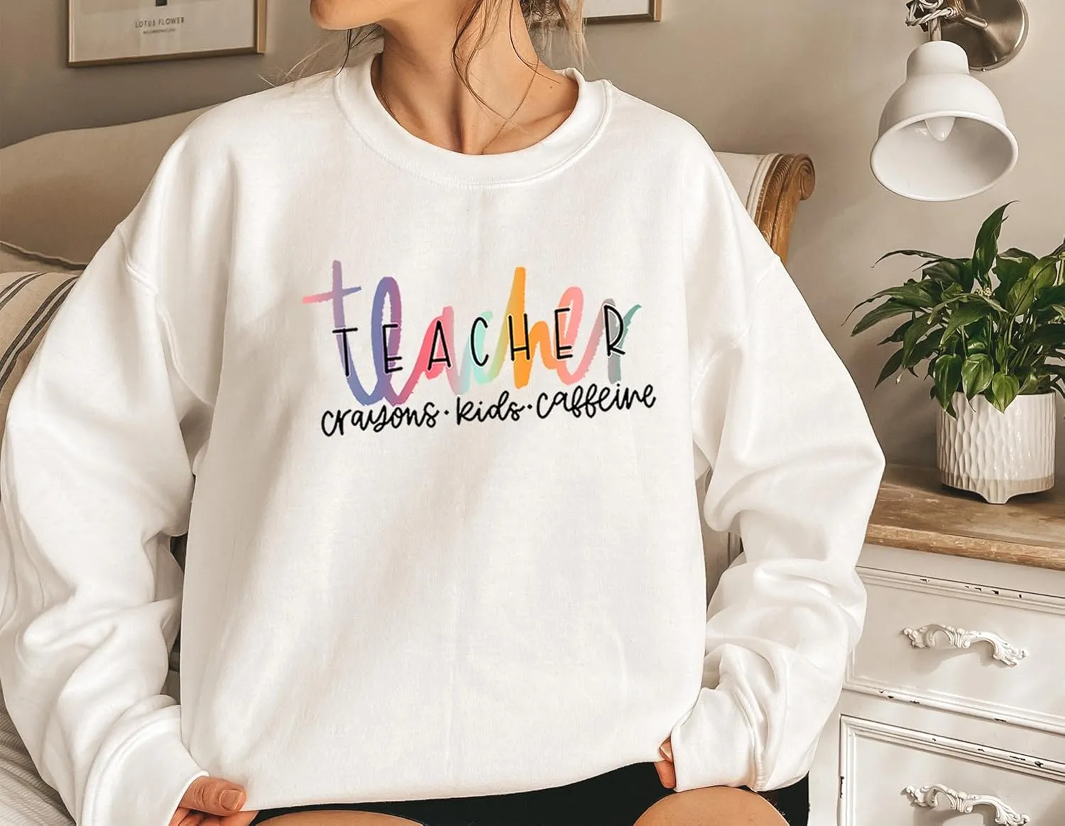 Teacher Crayons Kids Caffeine Sweatshirt for Women Graphic Casual Fall Winter Long Sleeve Crewneck Pullover Tops