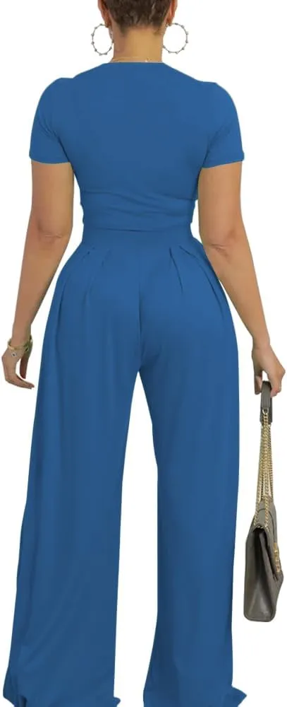 TOPSRANI Womens 2 Piece Outfits Casual Sweatsuits High Waist Short Sleeve Tracksuit Loose Baggy Wide Leg Pants Sets
