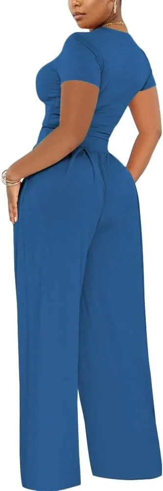 TOPSRANI Womens 2 Piece Outfits Casual Sweatsuits High Waist Short Sleeve Tracksuit Loose Baggy Wide Leg Pants Sets