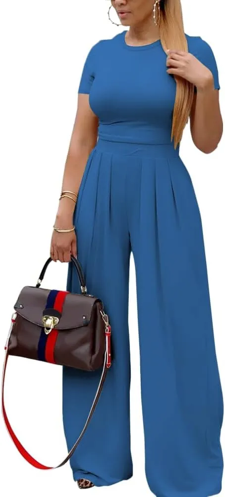 TOPSRANI Womens 2 Piece Outfits Casual Sweatsuits High Waist Short Sleeve Tracksuit Loose Baggy Wide Leg Pants Sets