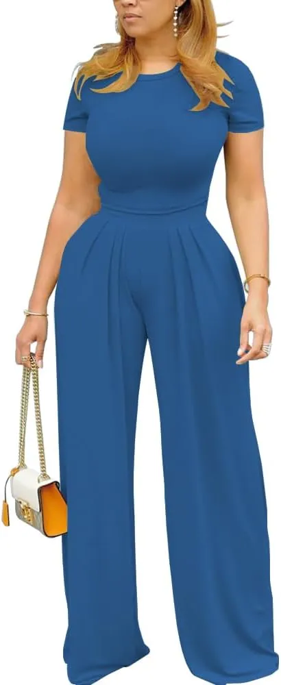 TOPSRANI Womens 2 Piece Outfits Casual Sweatsuits High Waist Short Sleeve Tracksuit Loose Baggy Wide Leg Pants Sets