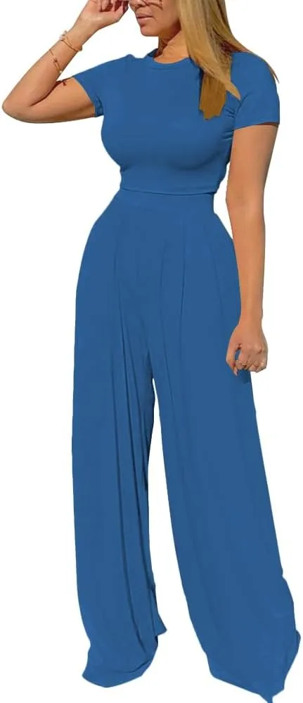 TOPSRANI Womens 2 Piece Outfits Casual Sweatsuits High Waist Short Sleeve Tracksuit Loose Baggy Wide Leg Pants Sets