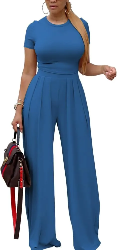 TOPSRANI Womens 2 Piece Outfits Casual Sweatsuits High Waist Short Sleeve Tracksuit Loose Baggy Wide Leg Pants Sets