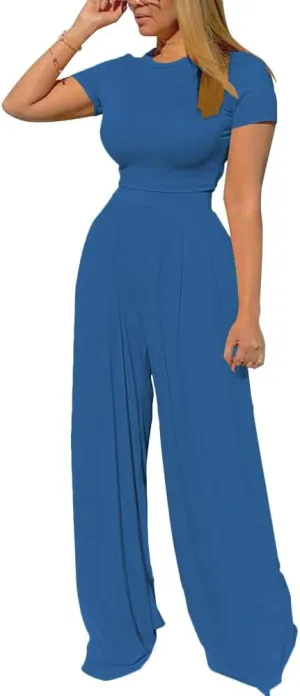 TOPSRANI Womens 2 Piece Outfits Casual Sweatsuits High Waist Short Sleeve Tracksuit Loose Baggy Wide Leg Pants Sets
