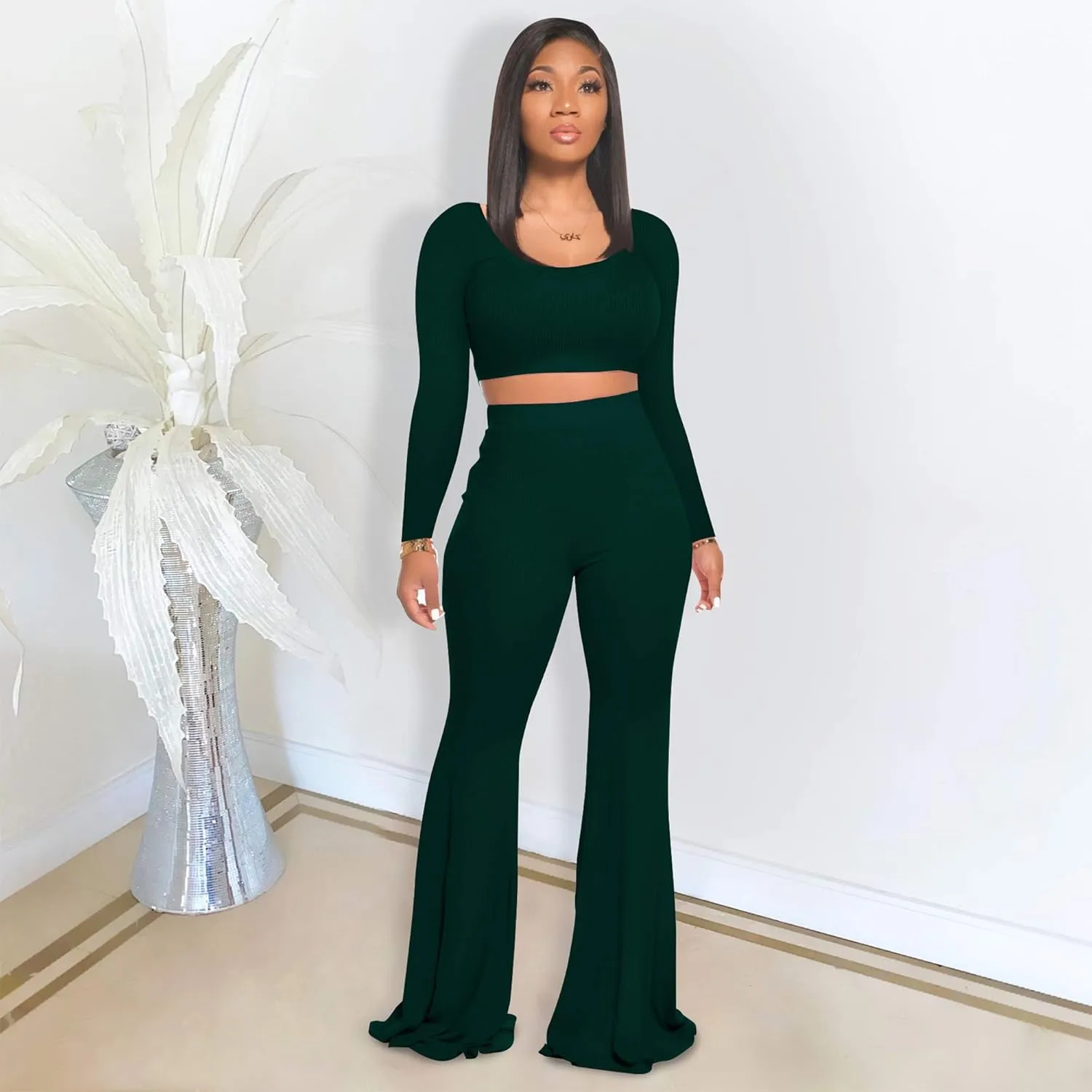 Two Piece Outfits for Women Sexy Crop Top   Flared Long Pants Sweat Suits Ribbed Fitted Tracksuits Yoga Set