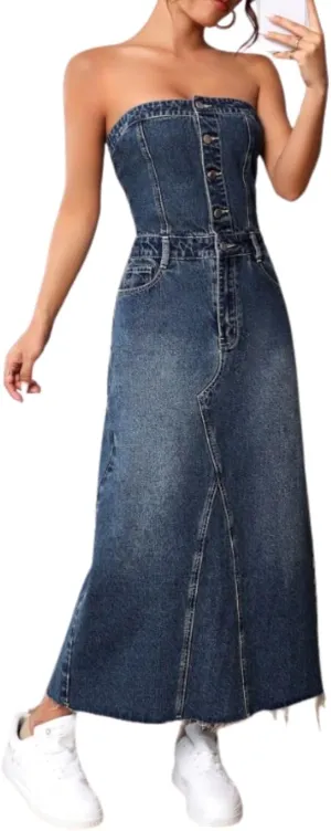 utcoco Denim Dress for Women Sexy Strapless Denim Tube Tops Back Smocked Jean Dresses for Women 2025