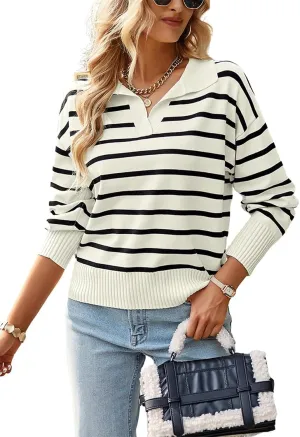 utcoco Women's 2024 Knit Striped Sweater Casual Loose Polo V Neck Long Sleeve Pullover Jumper Tops