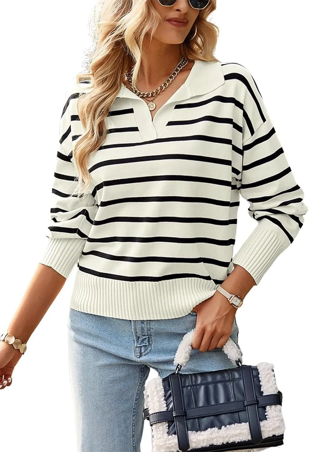 utcoco Women's 2024 Knit Striped Sweater Casual Loose Polo V Neck Long Sleeve Pullover Jumper Tops