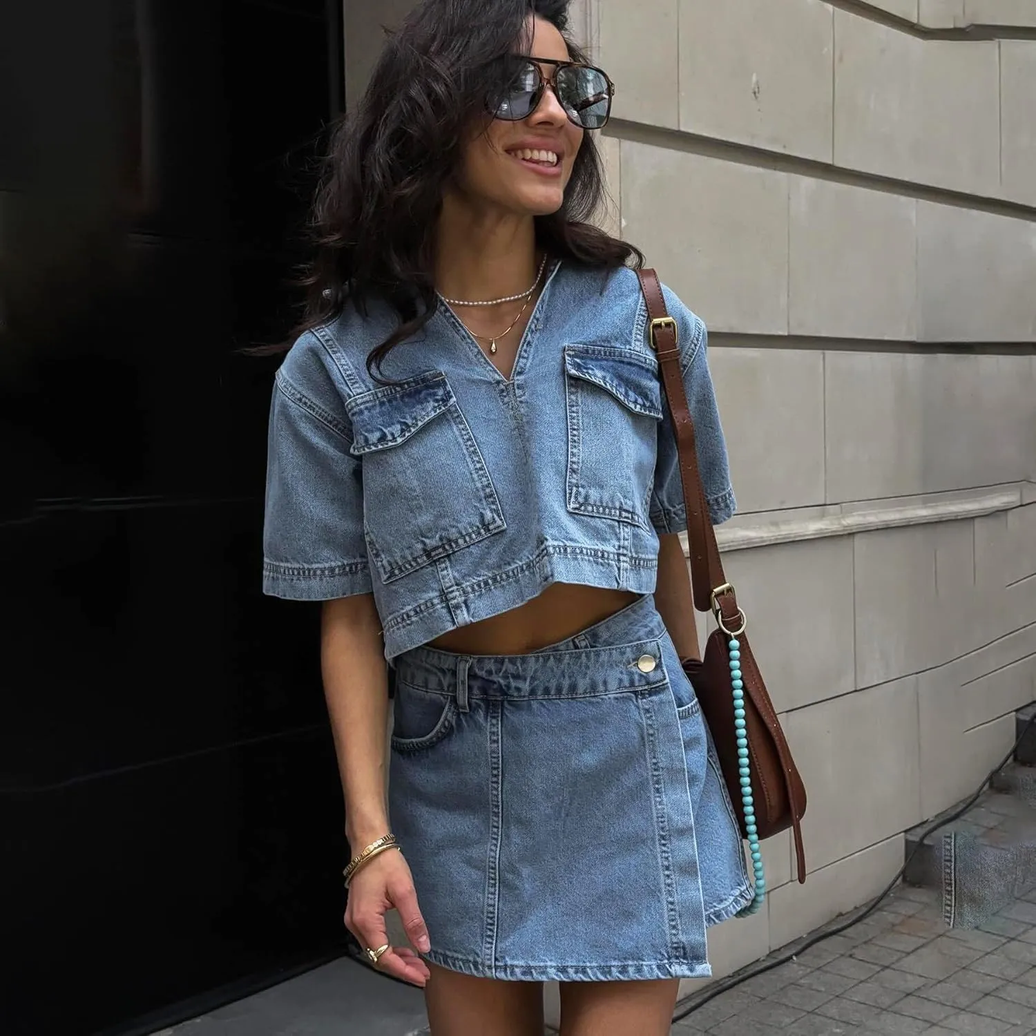 utcoco Women's Denim 2 Piece Outfits Casual Short Sleeve Crop Tops and Mini Skirt Set Tracksuit 2025