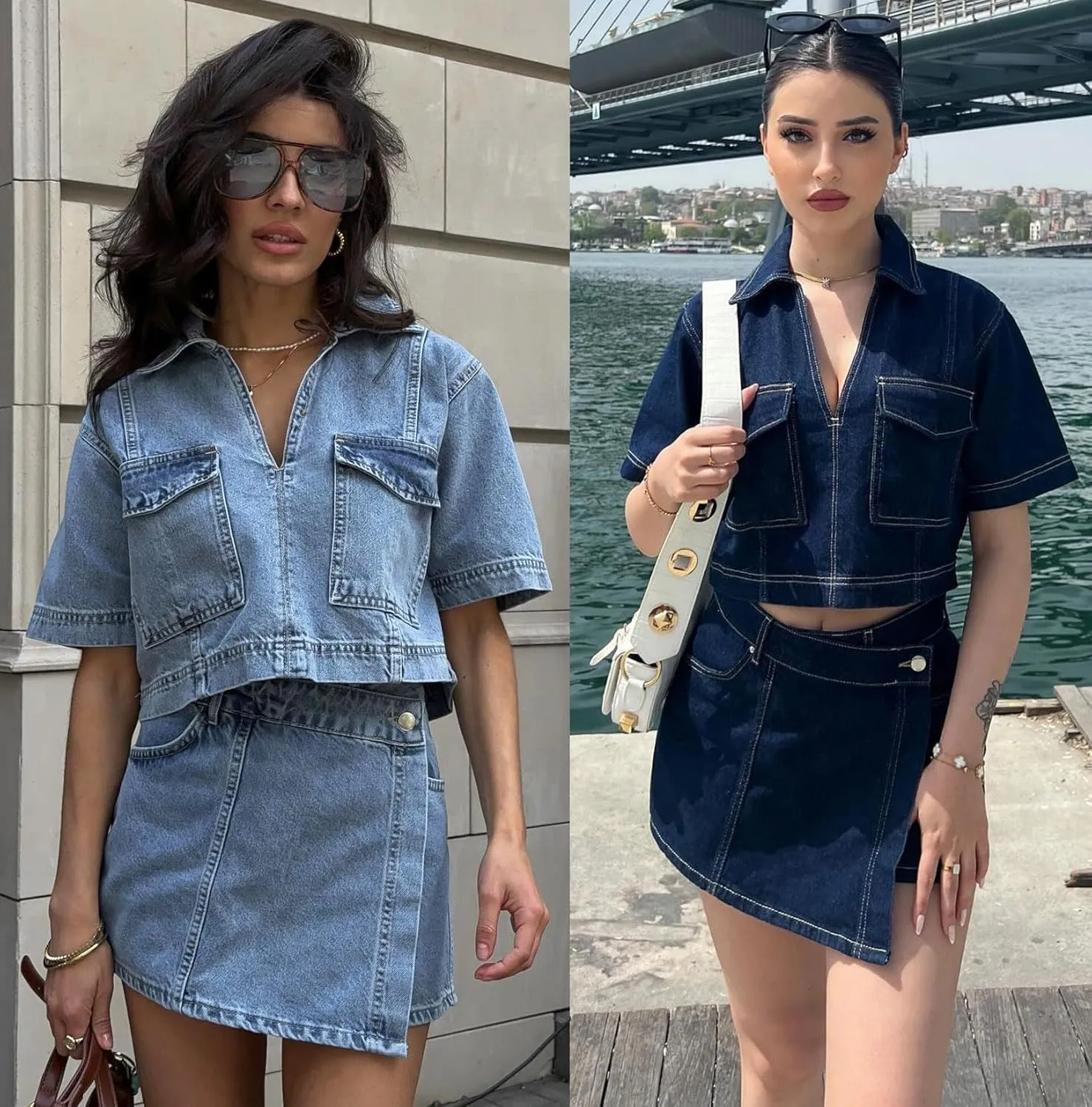 utcoco Women's Denim 2 Piece Outfits Casual Short Sleeve Crop Tops and Mini Skirt Set Tracksuit 2025