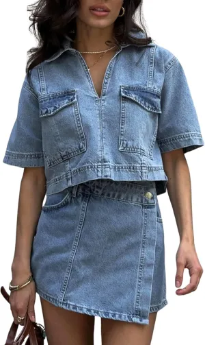utcoco Women's Denim 2 Piece Outfits Casual Short Sleeve Crop Tops and Mini Skirt Set Tracksuit 2025