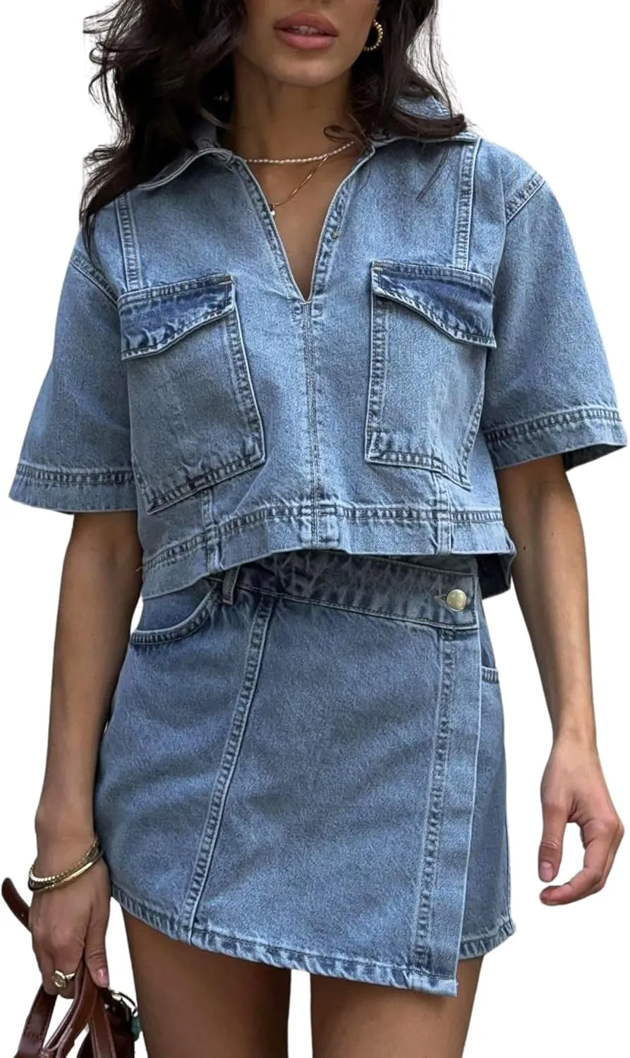 utcoco Women's Denim 2 Piece Outfits Casual Short Sleeve Crop Tops and Mini Skirt Set Tracksuit 2025
