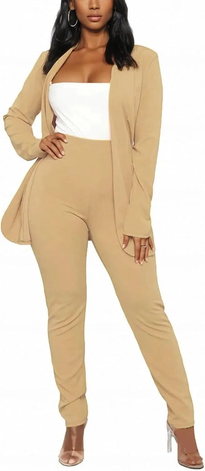 Vakkest Womens Suits 2 Piece Set Business Formal Outfit Casual Long Sleeve Blazer and Office Work Pencil Pants Dressy