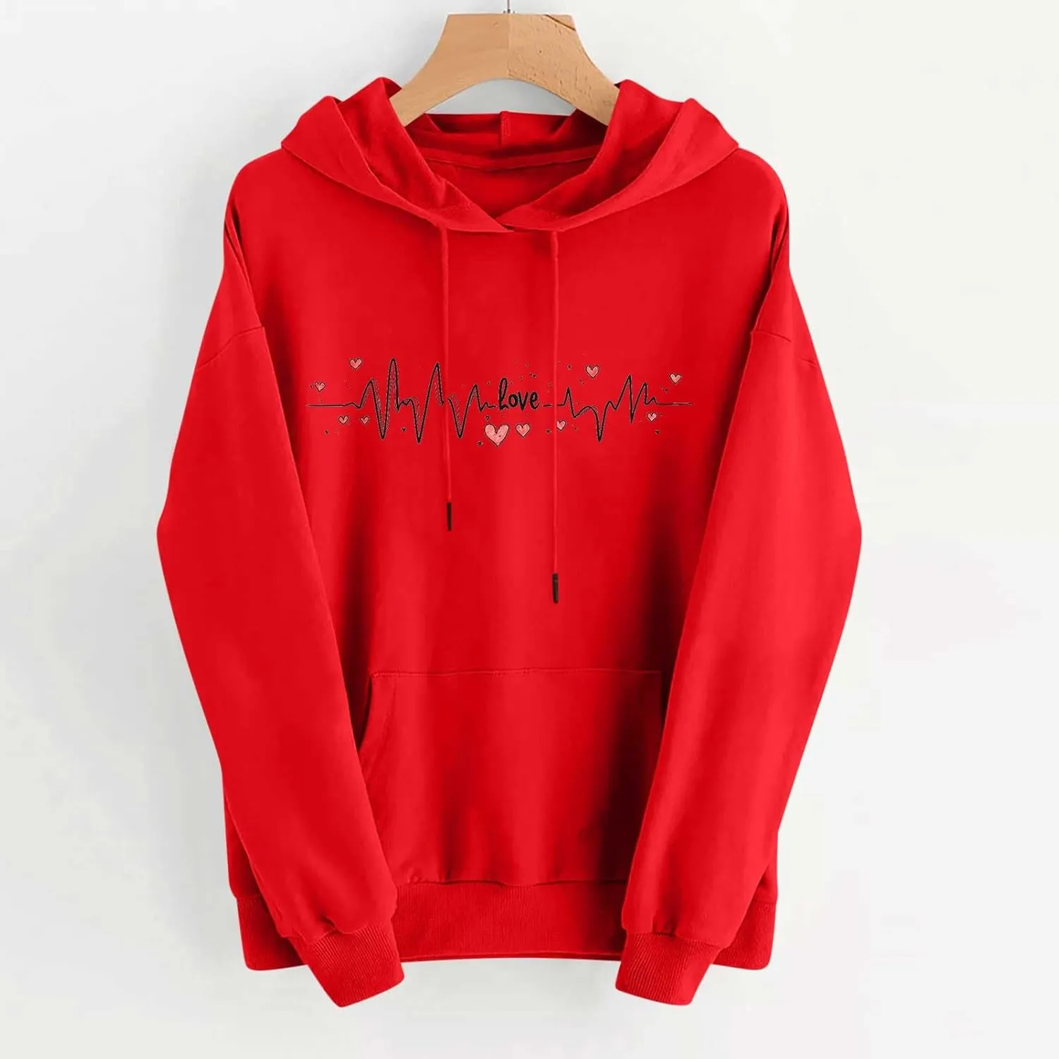 Valentines Shirt for Women Causal Heart Print Graphic Hoodies Long Sleeve Oversized Tops Plus Size Hooded Sweatshirts