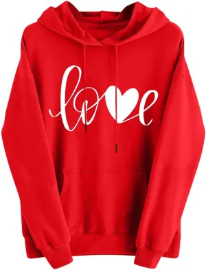 Valentines Shirt for Women Causal Heart Print Graphic Hoodies Long Sleeve Oversized Tops Plus Size Hooded Sweatshirts
