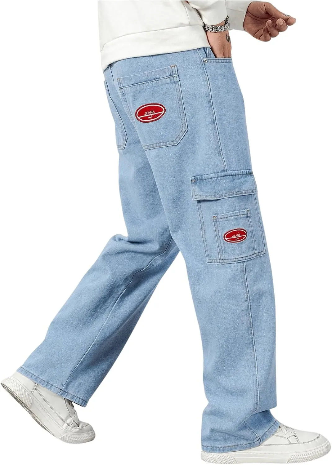 Verdusa Men's Denim Cargo Pants Letter Patched Straight Leg Streetwear Jeans Trousers
