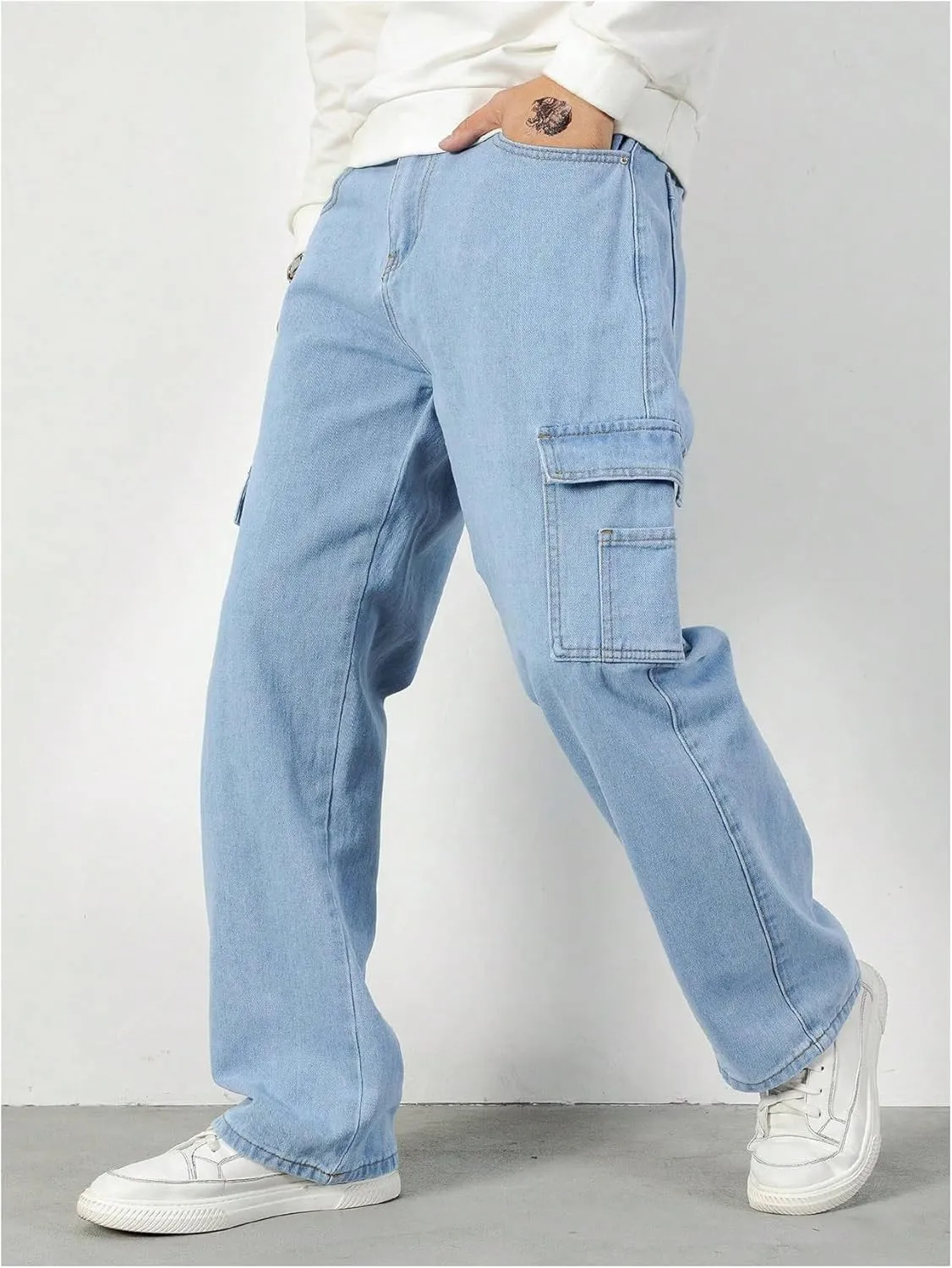 Verdusa Men's Denim Cargo Pants Letter Patched Straight Leg Streetwear Jeans Trousers