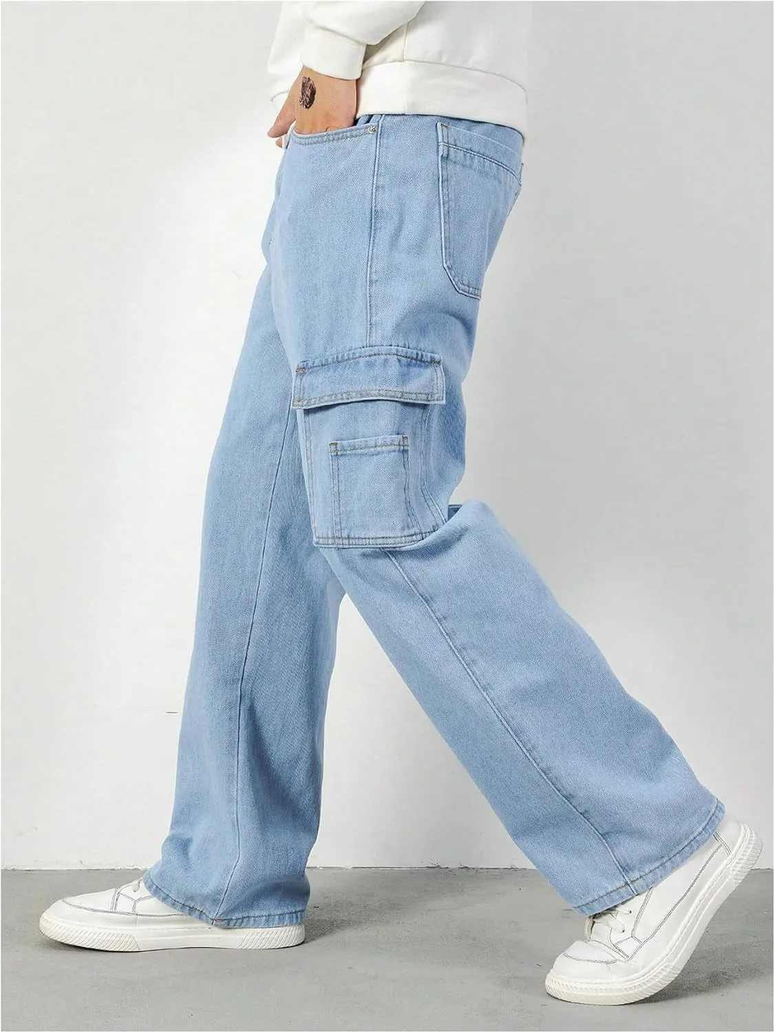 Verdusa Men's Denim Cargo Pants Letter Patched Straight Leg Streetwear Jeans Trousers
