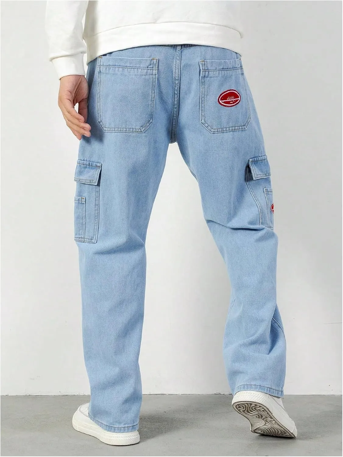 Verdusa Men's Denim Cargo Pants Letter Patched Straight Leg Streetwear Jeans Trousers