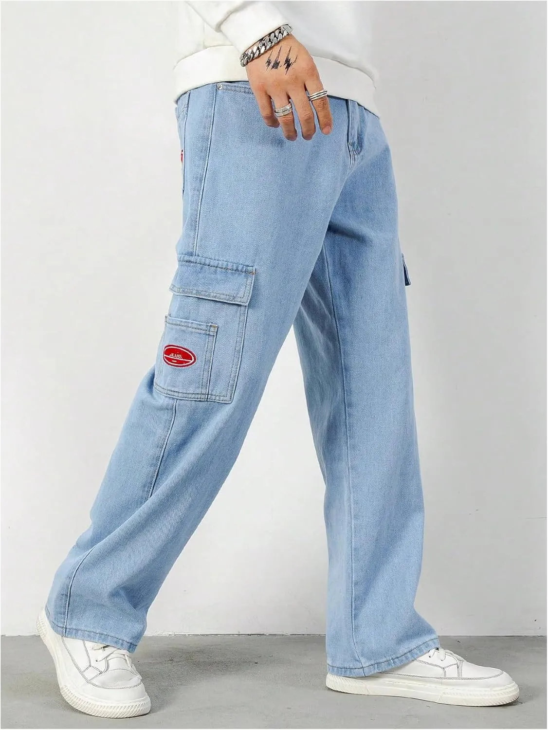 Verdusa Men's Denim Cargo Pants Letter Patched Straight Leg Streetwear Jeans Trousers
