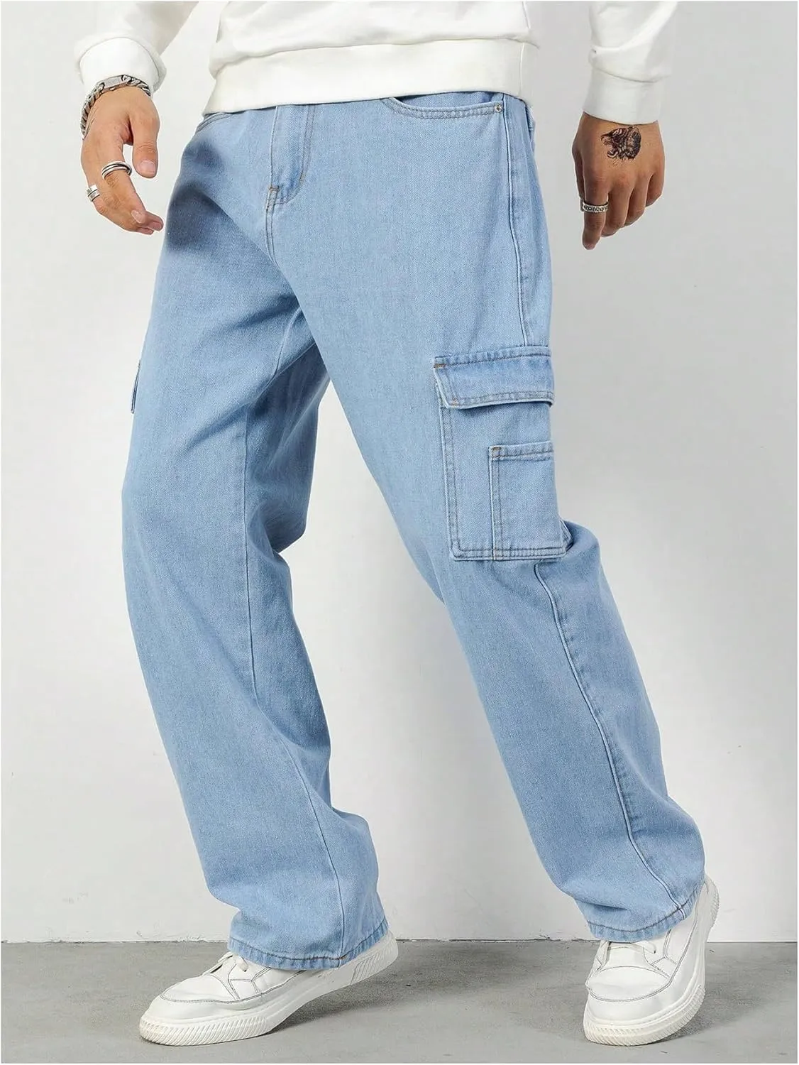 Verdusa Men's Denim Cargo Pants Letter Patched Straight Leg Streetwear Jeans Trousers