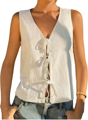 Verdusa Women's Old Money Clothes Bow Tie Front Vest Sleeveless V Neck Summer Cardigan Tank Tops