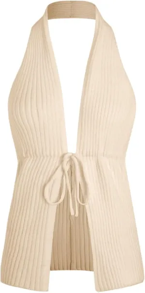 Verdusa Women's Old Money Halter Tops Bow Tie Front Backless Deep V Neck Split Knit Vest Trendy