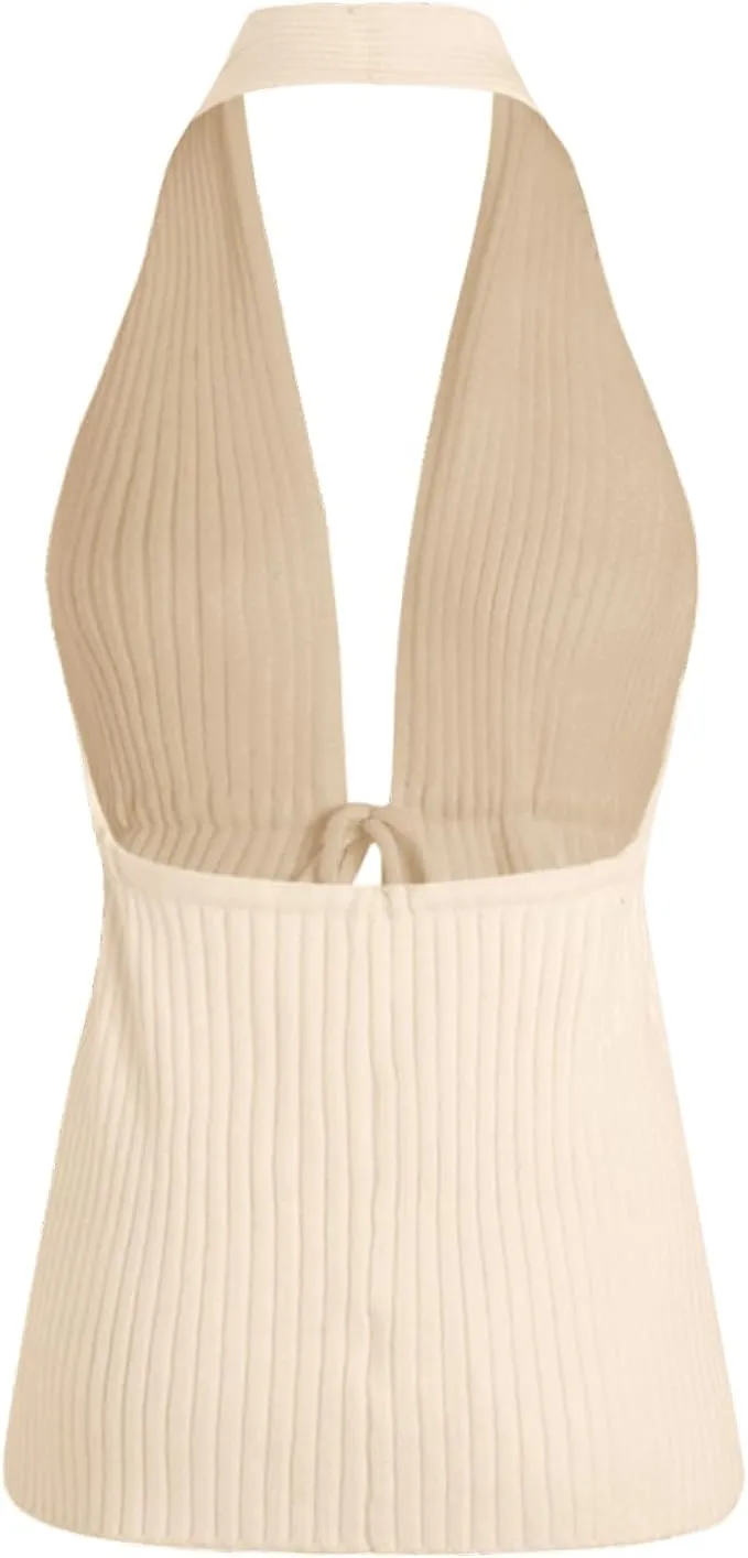 Verdusa Women's Old Money Halter Tops Bow Tie Front Backless Deep V Neck Split Knit Vest Trendy